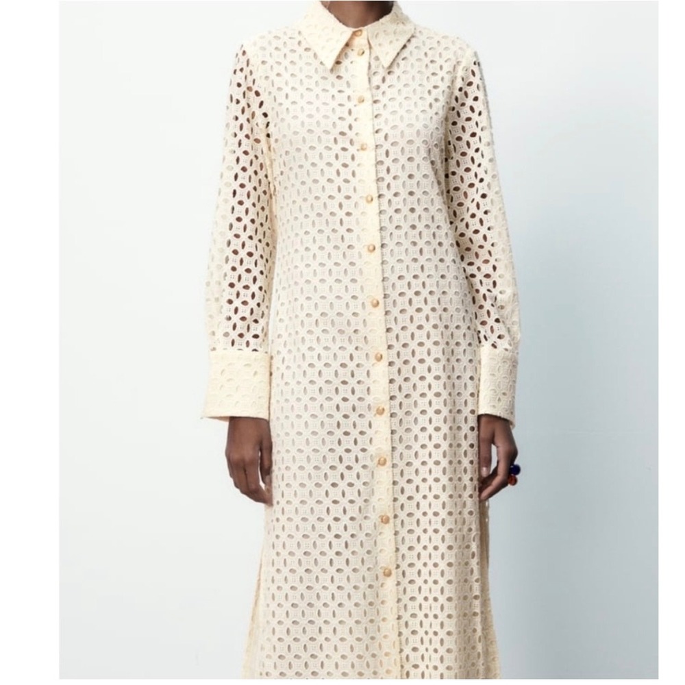 Zara Shirt midi Dress XXL Cream NEW Eyelet cutout Cotton Long Sleeve Gold Button